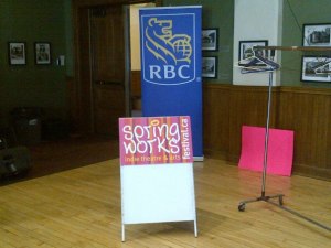 SpringWorks' Sandwich Board (generously donated by Let Them Eat Cake) and Emerging Artist Sponsor RBC Banner